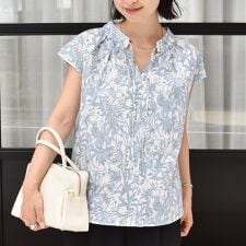 〈手洗い可能〉綿 ローン ボタニカル プリント フレンチ スリーブ ブラウス