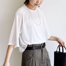 〈手洗い可能〉シアー トリコット ポリエステル ベロア 五分袖 ワイド TEE