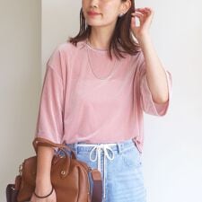 〈手洗い可能〉シアー トリコット ポリエステル ベロア 五分袖 ワイド TEE