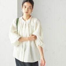 〈手洗い可能〉シアー ジャカード 袖 シャーリング ブラウス