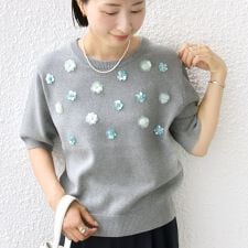 《予約》〈手洗い可能〉フラワー ビジュー ショート スリーブ ニット プルオーバー