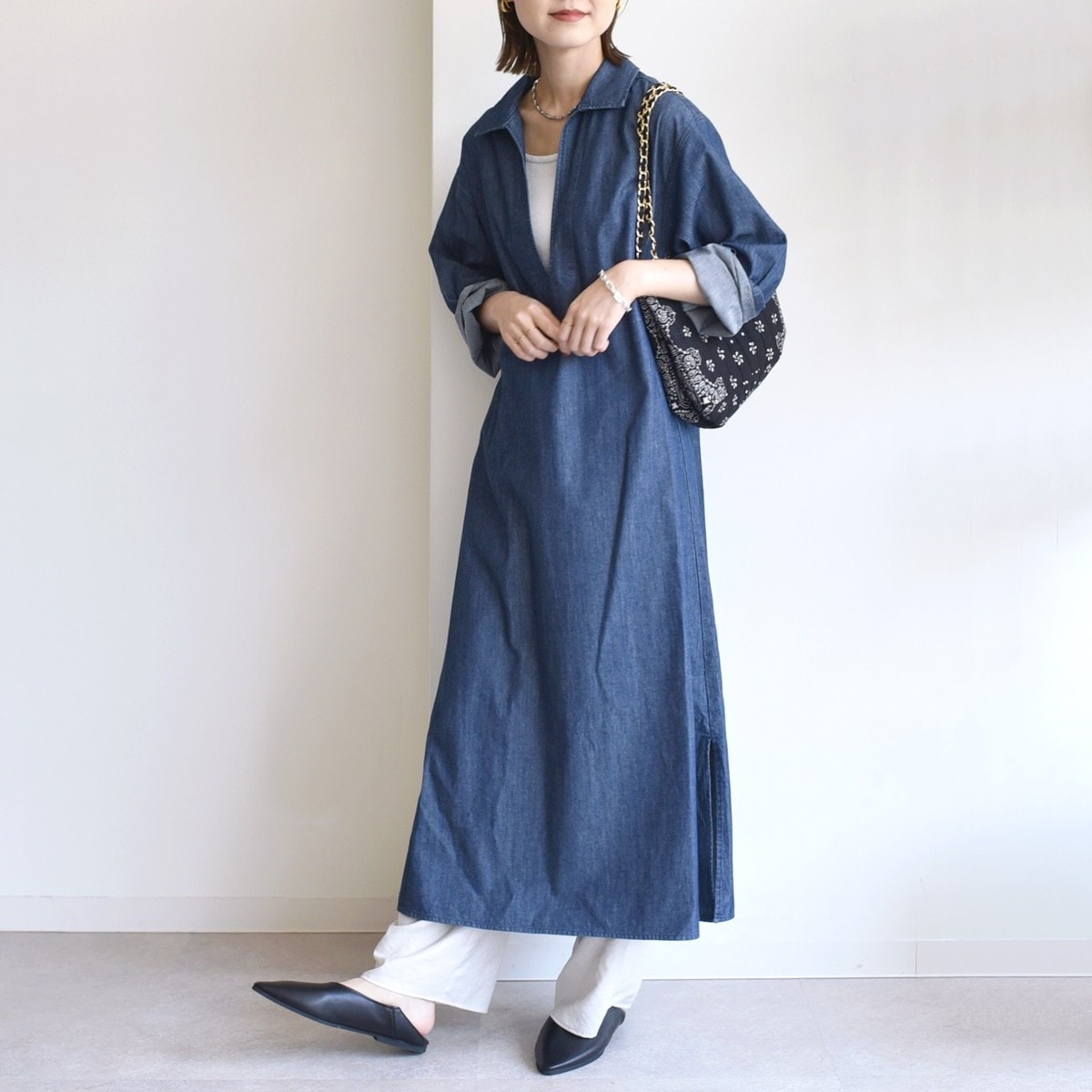 SHIPS any ダブルクロス Aライン シャツワンピース NAVY BLUE 一部追加予約》【WEB限定】SHIPS any:〈洗濯機可能〉ダブル