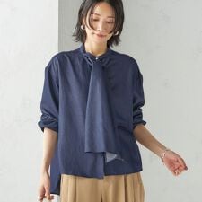 《予約》〈手洗い可能〉デニム ライク リボン タイ ブラウス