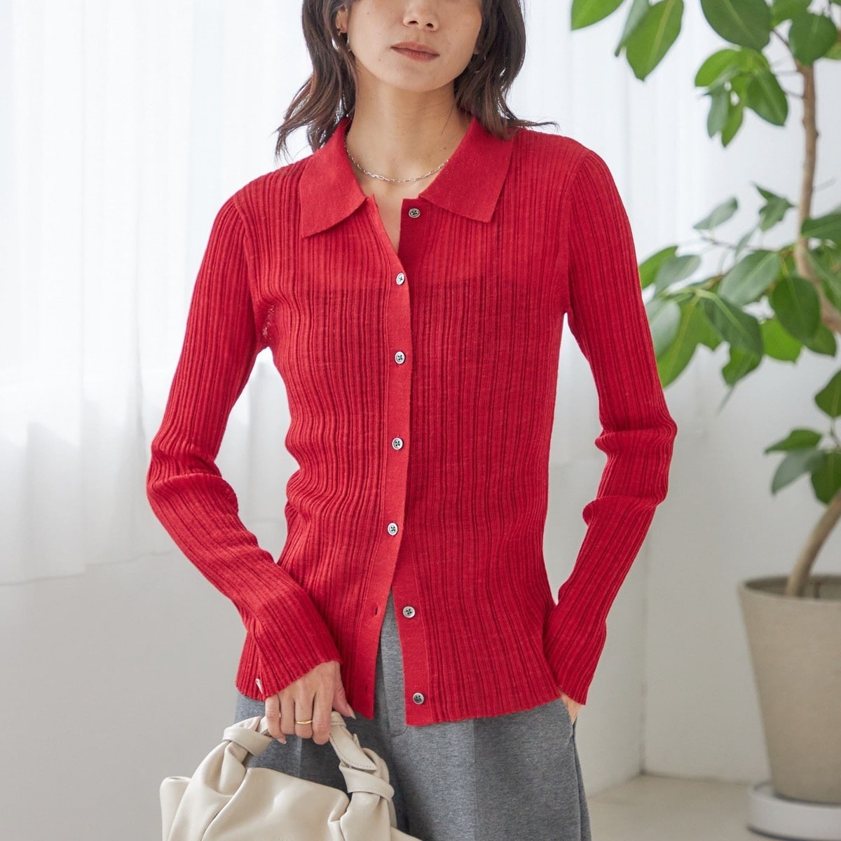 〈手洗い可能〉ランダム リブ ポロ ニット カーディガン