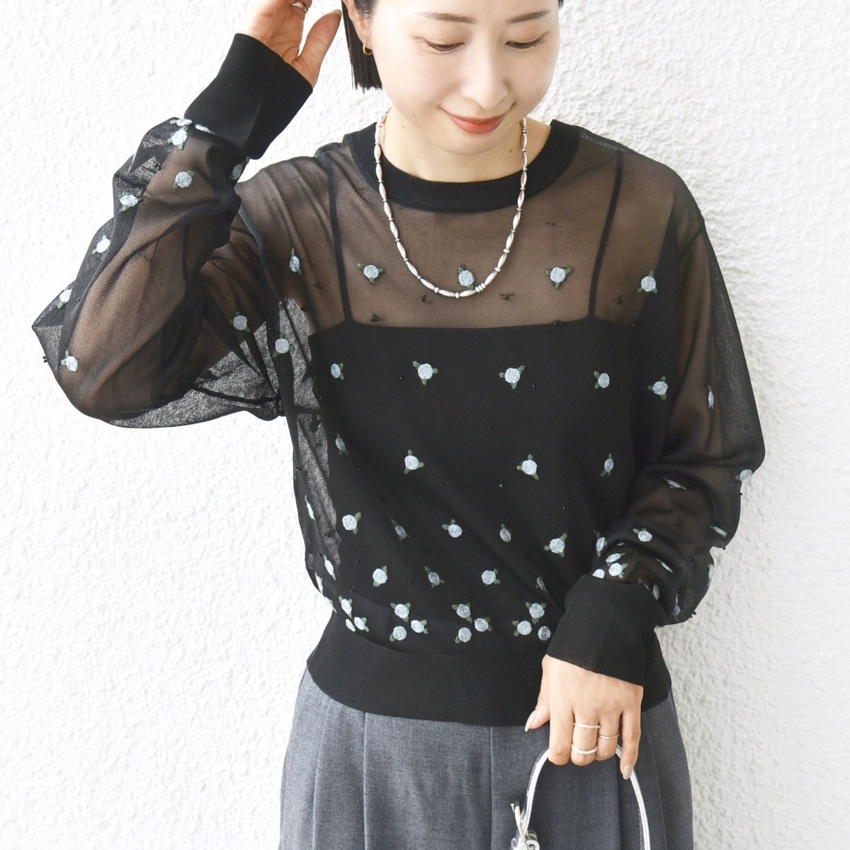 手洗い可能〉ブークレ ダブル ニット パールモチーフボタン