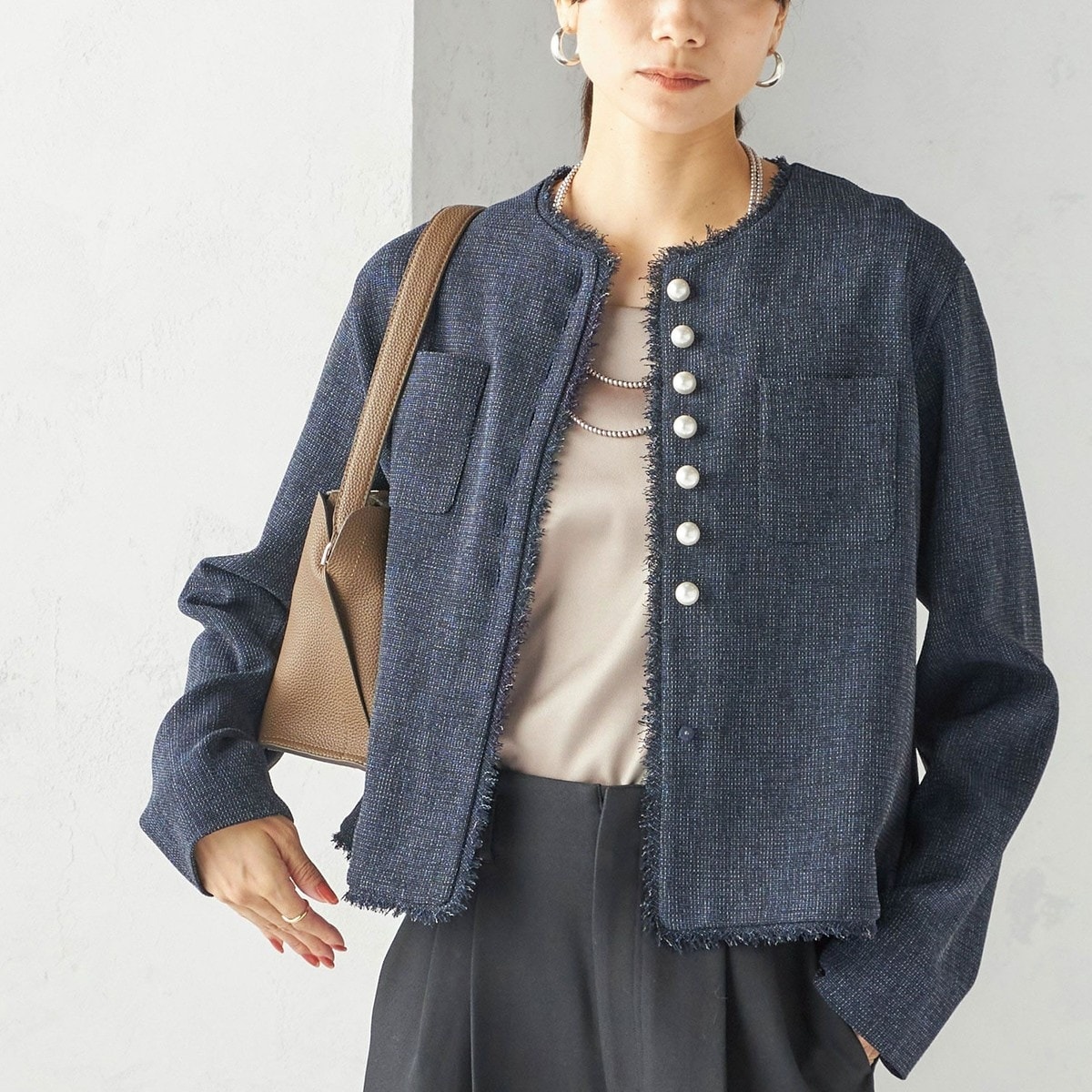 SHIPS WOMEN<新品未使用>カラミ ノーラペル 半袖 ジャケット セール】〈手洗い可能〉カラミ ノーラペル 半袖 ジャケット