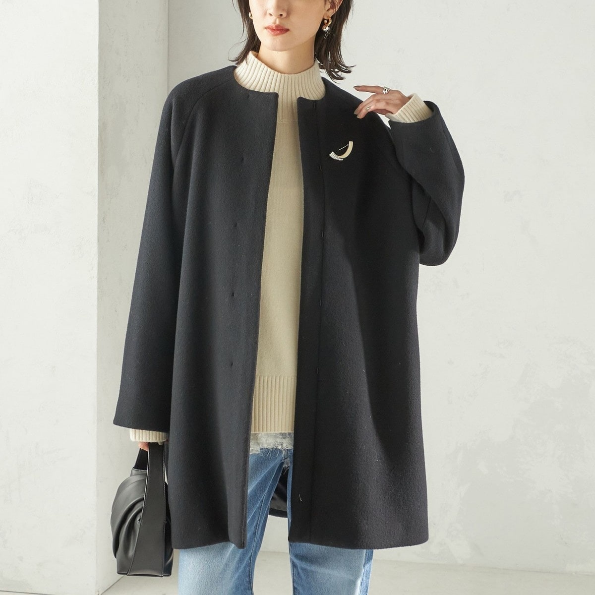 美品SHIPS:ウールダブルフェイスノーカラーコート SHIPS Primary Navy Label:ウールダブルフェイスノーカラーコート