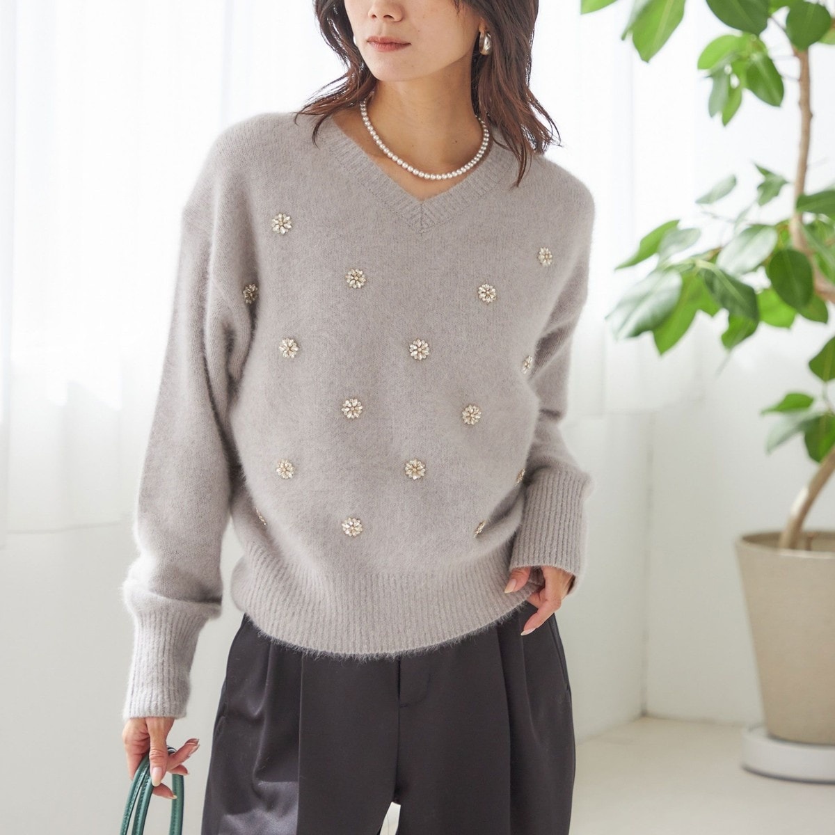 WEB限定】〈手洗い可能〉ジャカード フラワー ニット プルオーバー