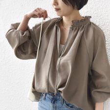 〈手洗い可能〉シアー タンブラー リボン デザイン 長袖 ブラウス