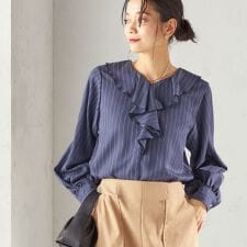 〈手洗い可能〉フィブリル ストライプ フリル カラー ブラウス