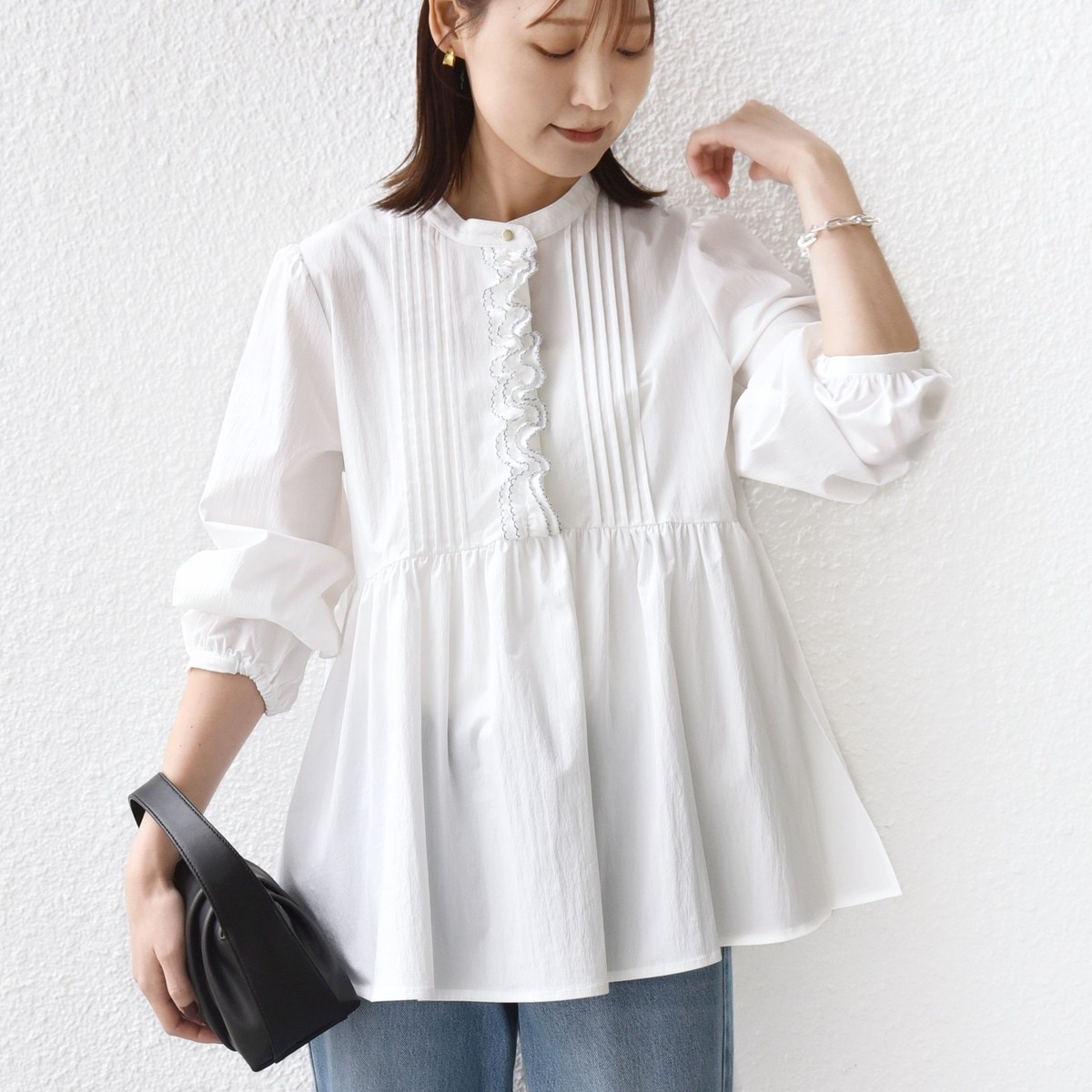 手洗い可能〉配色 チェック ソリッド ハシゴレース ピンタック