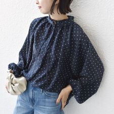 〈手洗い可能〉ドット リボン デザイン 長袖 ブラウス