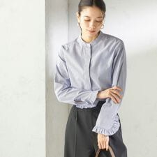 〈洗濯機可能〉フリル カフス バンド カラー シャツ