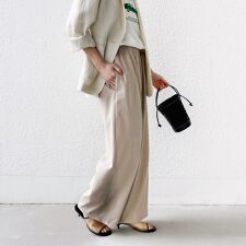 〈手洗い可能〉トロ ピン ストライプ ウエスト ギャザー パンツ