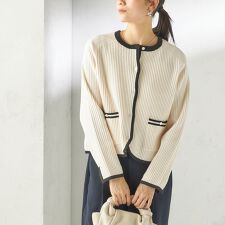 〈手洗い可能〉綿混 ウェーブ モール リブ 配色 カーディガン