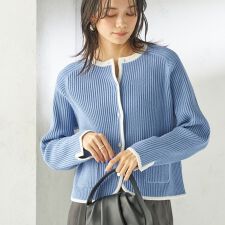 〈手洗い可能〉綿混 ウェーブ モール リブ 配色 カーディガン