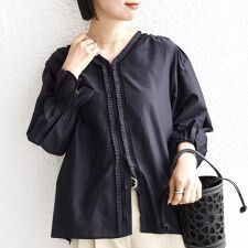 〈手洗い可能〉綿 シルク Vネック フリル タック ブラウス