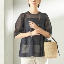 《予約》〈手洗い可能〉麻混 シアー ティアード ショート スリーブ プルオーバー