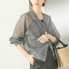 《一部追加予約》〈手洗い可能〉麻混 シアー Vネック カーディガン