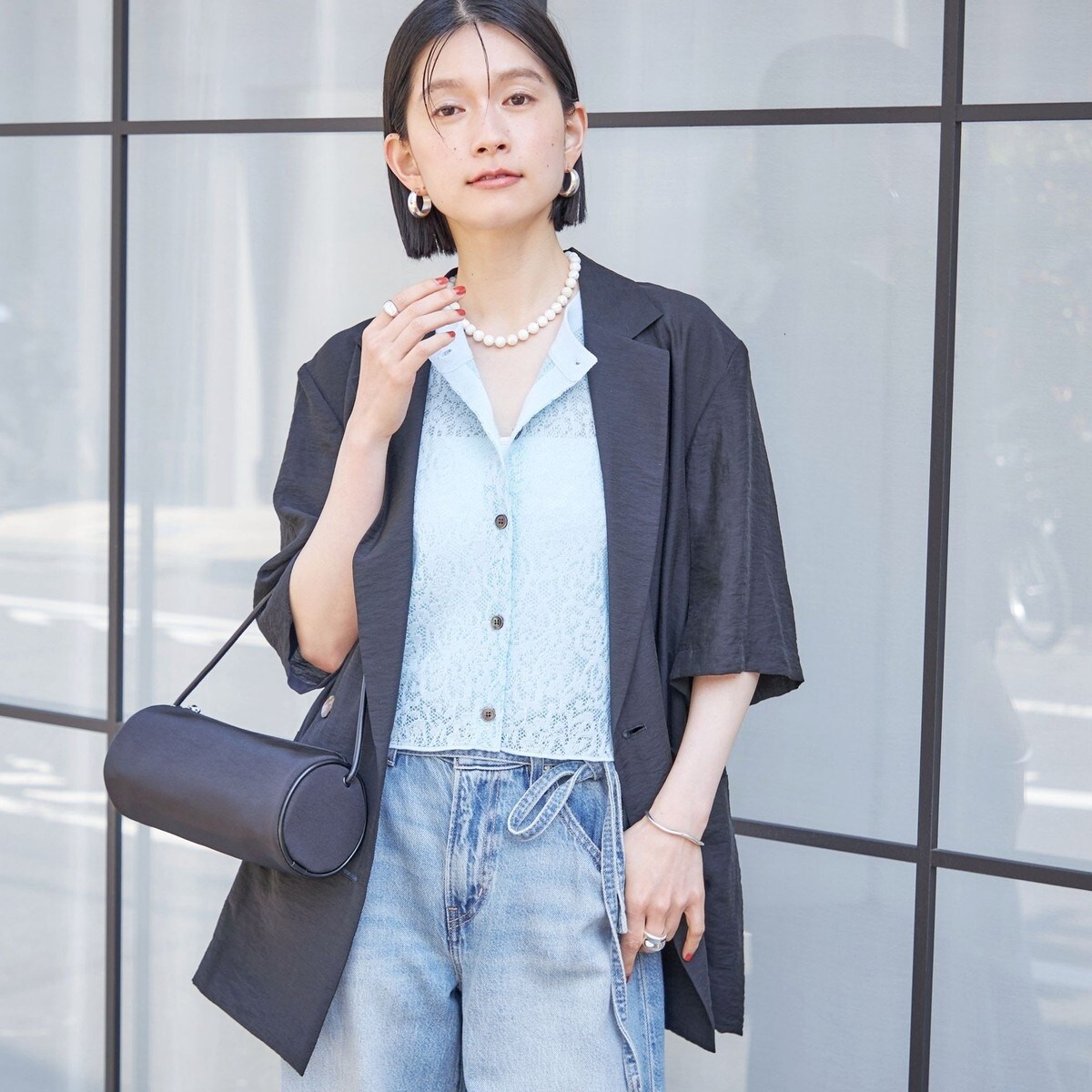 週末限定値下げ中【美品】着用１回のみ　シアー　半袖ジャケット ネイビー 手洗い可能〉シルク混 シアー 羽織 半袖 ジャケット | シップス(SHIPS