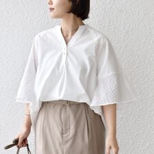 《予約》〈手洗い可能〉シアー ボーダー フレア スリーブ 半袖 ブラウス