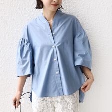 手洗い可能〉バック フレア 袖 ギャザー スキッパー ブラウス