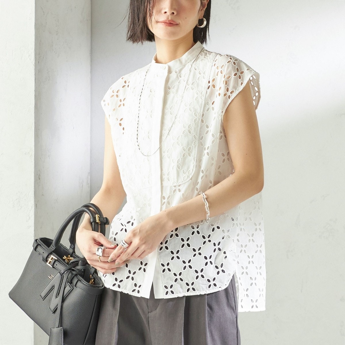 予約》〈手洗い可能〉綿 刺繍 レース フレンチスリーブ ブラウス