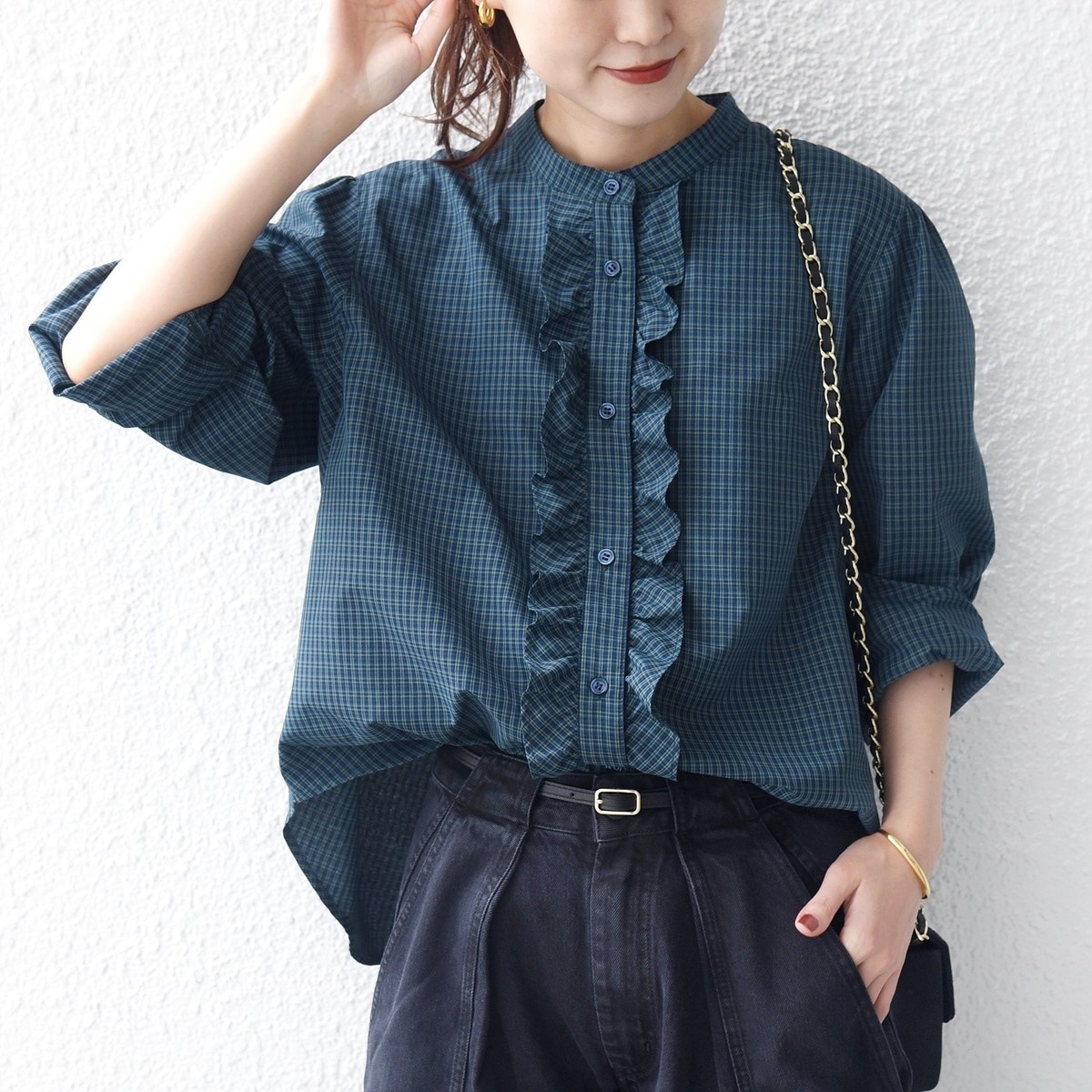 予約》【WEB限定】〈手洗い可能〉チェック フリル ロングスリーブ