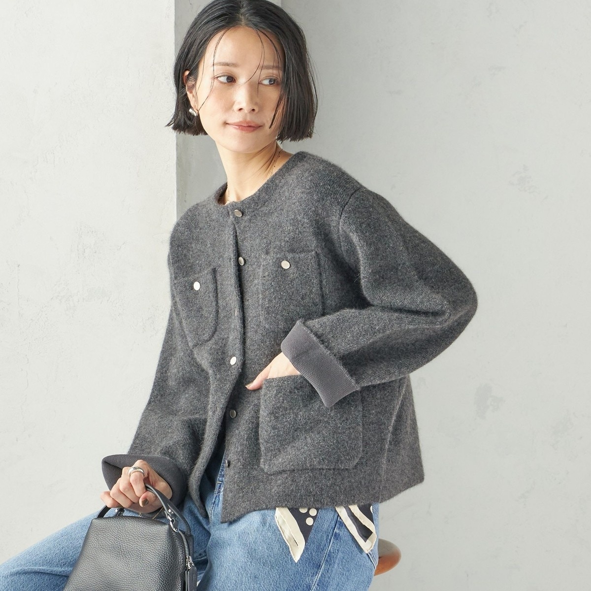 予約》〈手洗い可能〉ノーカラー ヘアリー ニット ジャケット