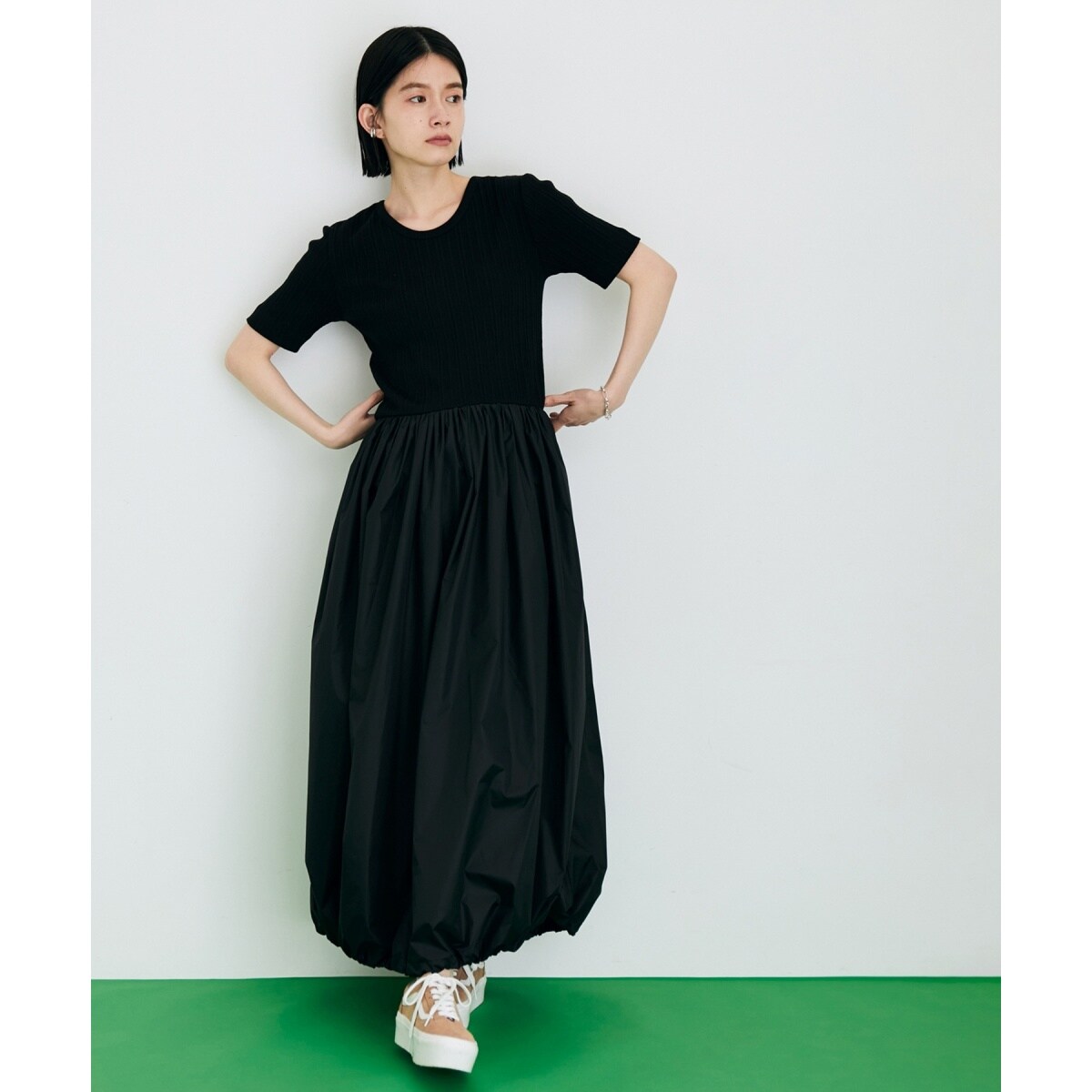【美品】ADAM ET ROPE' リブコンビバルーンワンピース　半袖リブ　白 リブコンビバルーンワンピース | アダムエロペ(ADAM ET ROPE