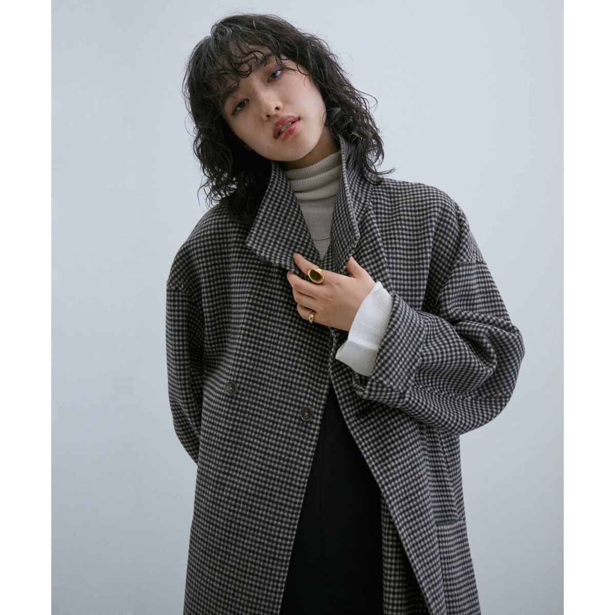 新品タグ付　ガンクラブチェック レイズドネック オーバーサイズコート ADAM ET ROPE'（アダムエロペ）の「ガンクラブチェック レイズドネック