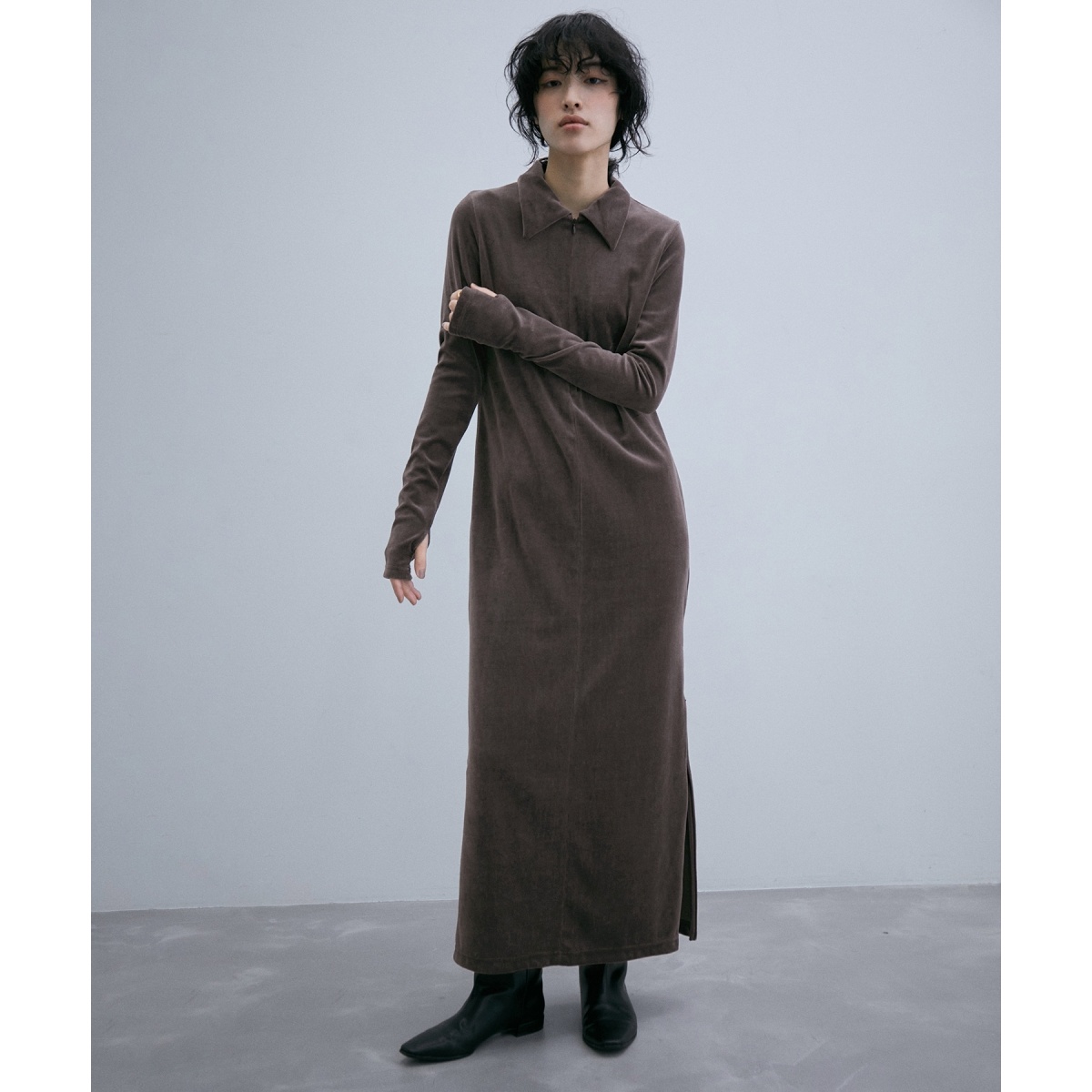 フロントジップ ベロア BOTANICAL DYED DRESS-