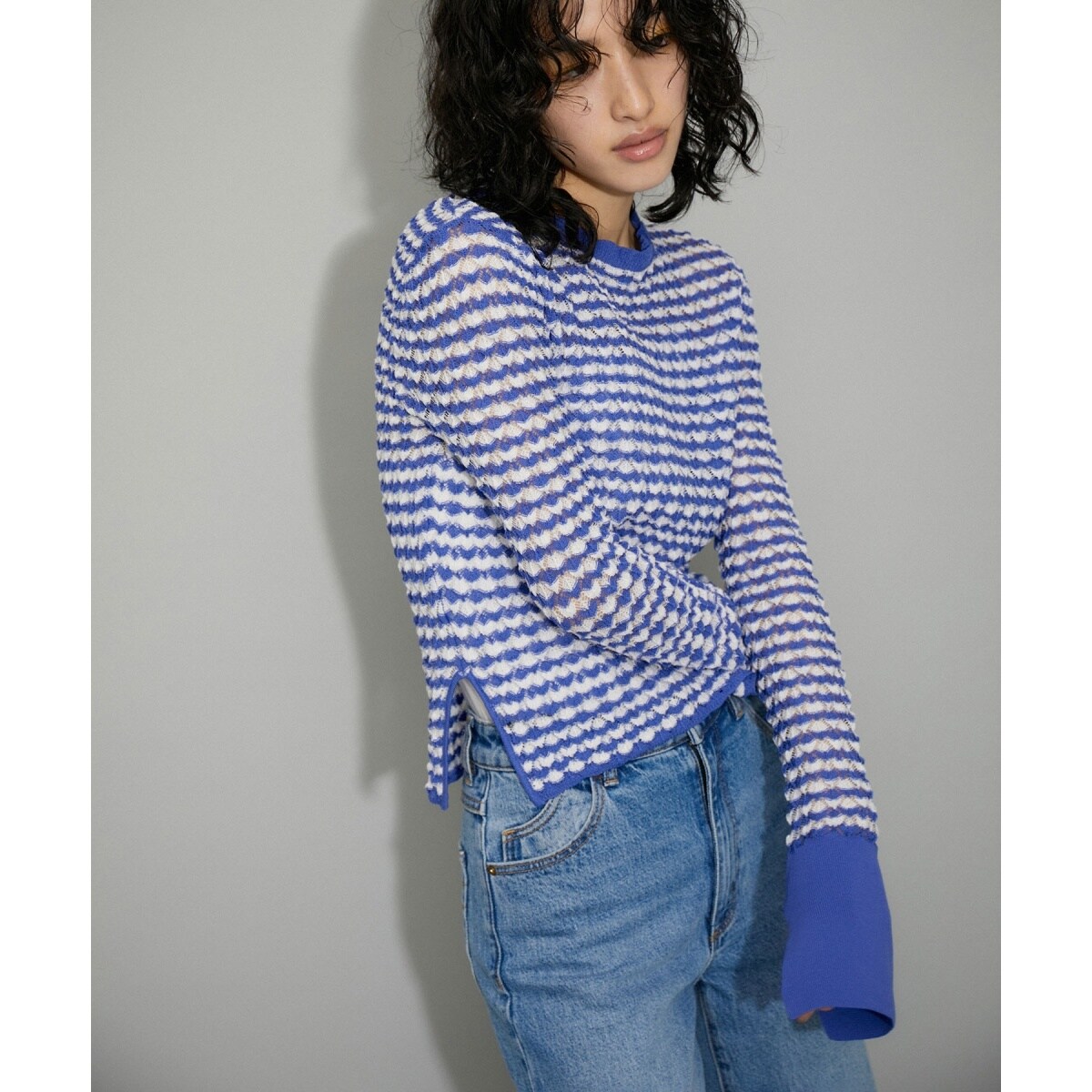 WEB限定】フリルネックシアーボーダーニット | アダムエロペ