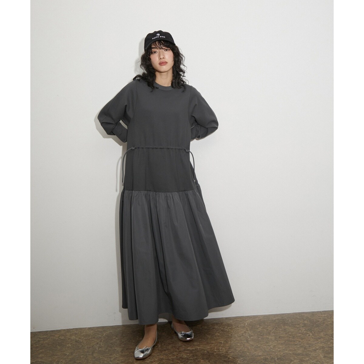ADAM ET ROPE' 24SS 【サステナブル】タフタコンビワンピース 黒 ADAM ET ROPE'｜【サステナブル】タフタコンビワンピース