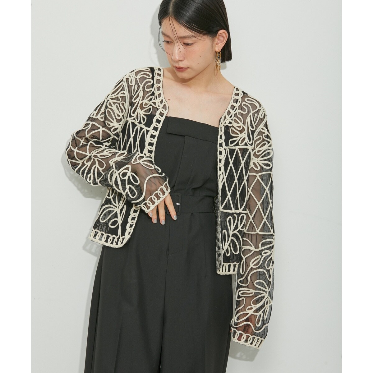 アダムエロペ　WEB限定　チュール刺繍カーディガン　ブラック　洗える ADAM ET ROPE' カーディガン 「WEB限定」・「新色追加」チュール