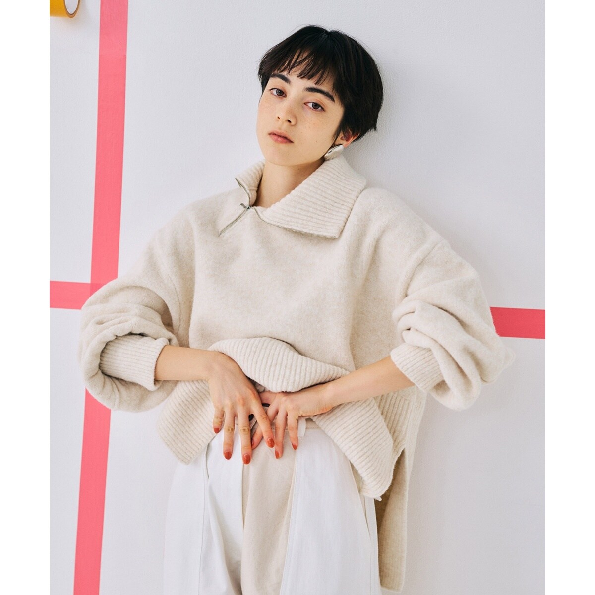 WEB限定】ジップタートルパフスリーブニットプルオーバー