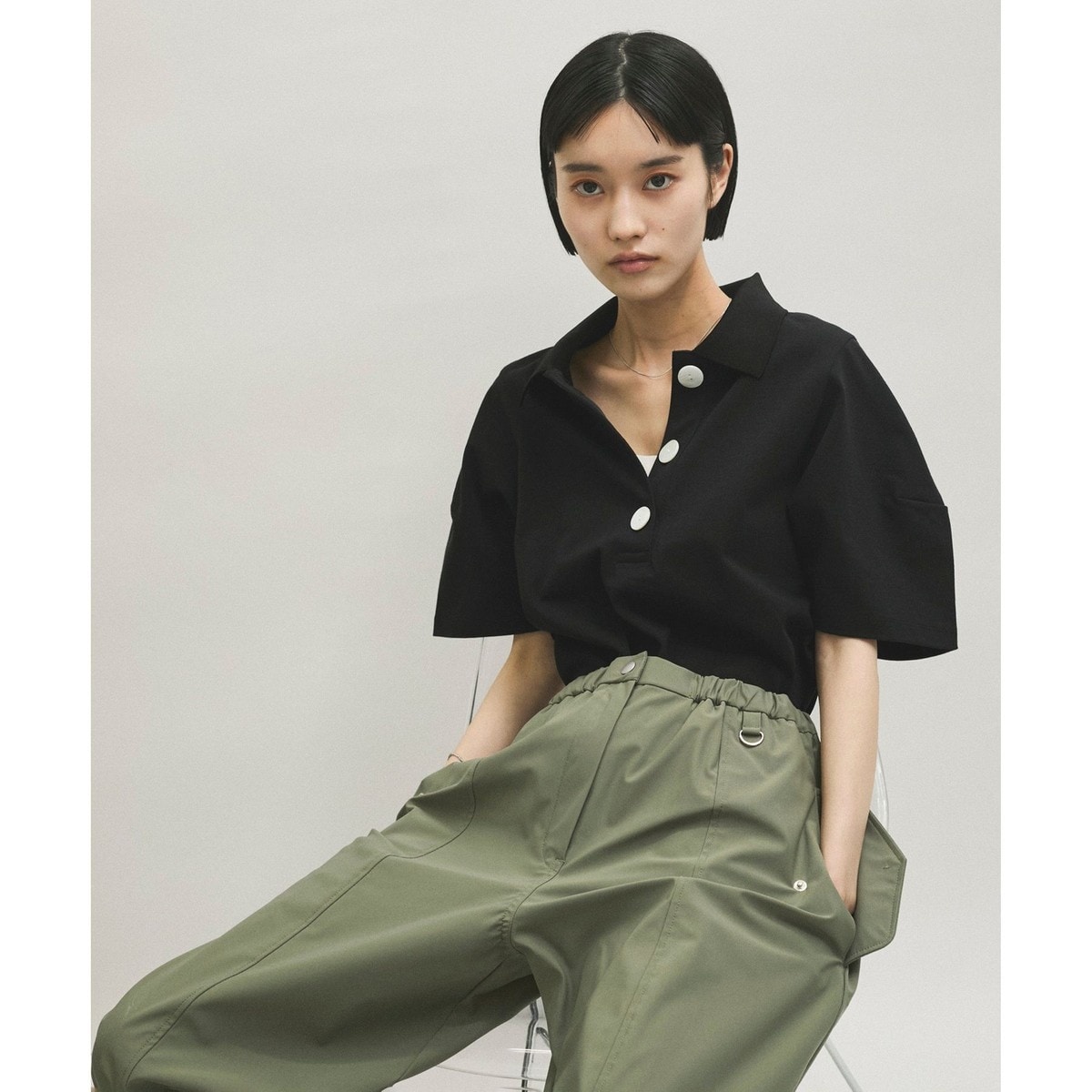 IENA ベージュ ポロニット 五分袖 F 五分袖】Vネックニット ベージュ | ONLY ONLINE STORE