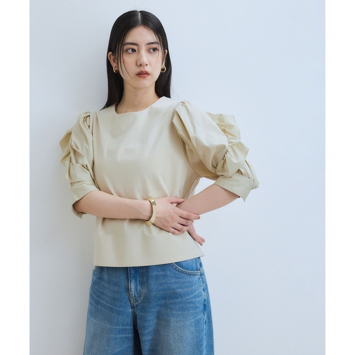 新品　Adam et rope 半袖　五分袖　ブラウス　コットン　ホワイト　38 ADAM ET ROPÉ FEMME(アダム エ ロペ ファム) / 【再入荷