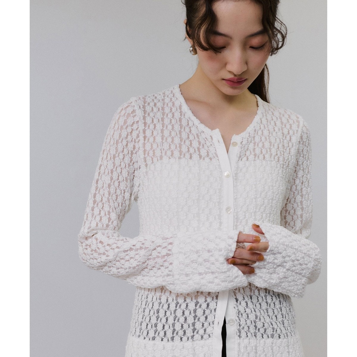 ADAM ET ROPE'　アダムエロペ　メッシュニットブルゾン（ホワイト） ADAM ET ROPE'（アダムエロペ）の「【WEB限定・洗える・追加