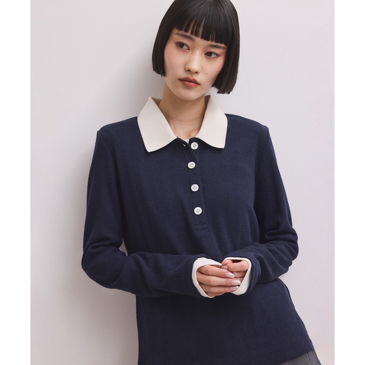 新品★アダムエロペ　コクーンスリーブポロシャツ　ネイビー×ホワイト　半袖　襟付き ADAM ET ROPE'（アダムエロペ） ポロシャツ ポロ コクーンスリーブ