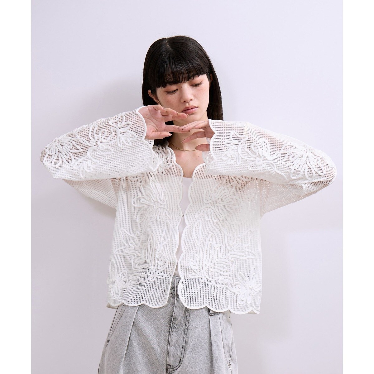♡1回着用美品♡定番人気 アダムエロペ メッシュカーディガン シアーブルゾン 白 WEB限定】メッシュエンブロイダリーカーディガン | アダムエロペ(ADAM