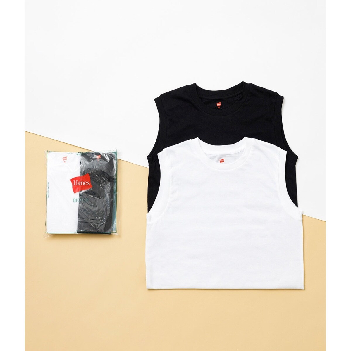 Hanes for BIOTOP】Sleeveless T-Shirts/white×black