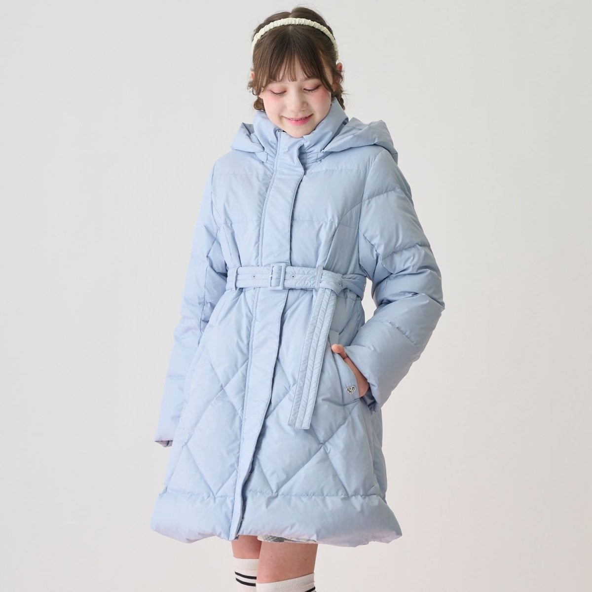 【新品未使用】メゾピアノジュニアロングダウン 撥水リボンベルトつき美シルエットロングダウン | メゾピアノ