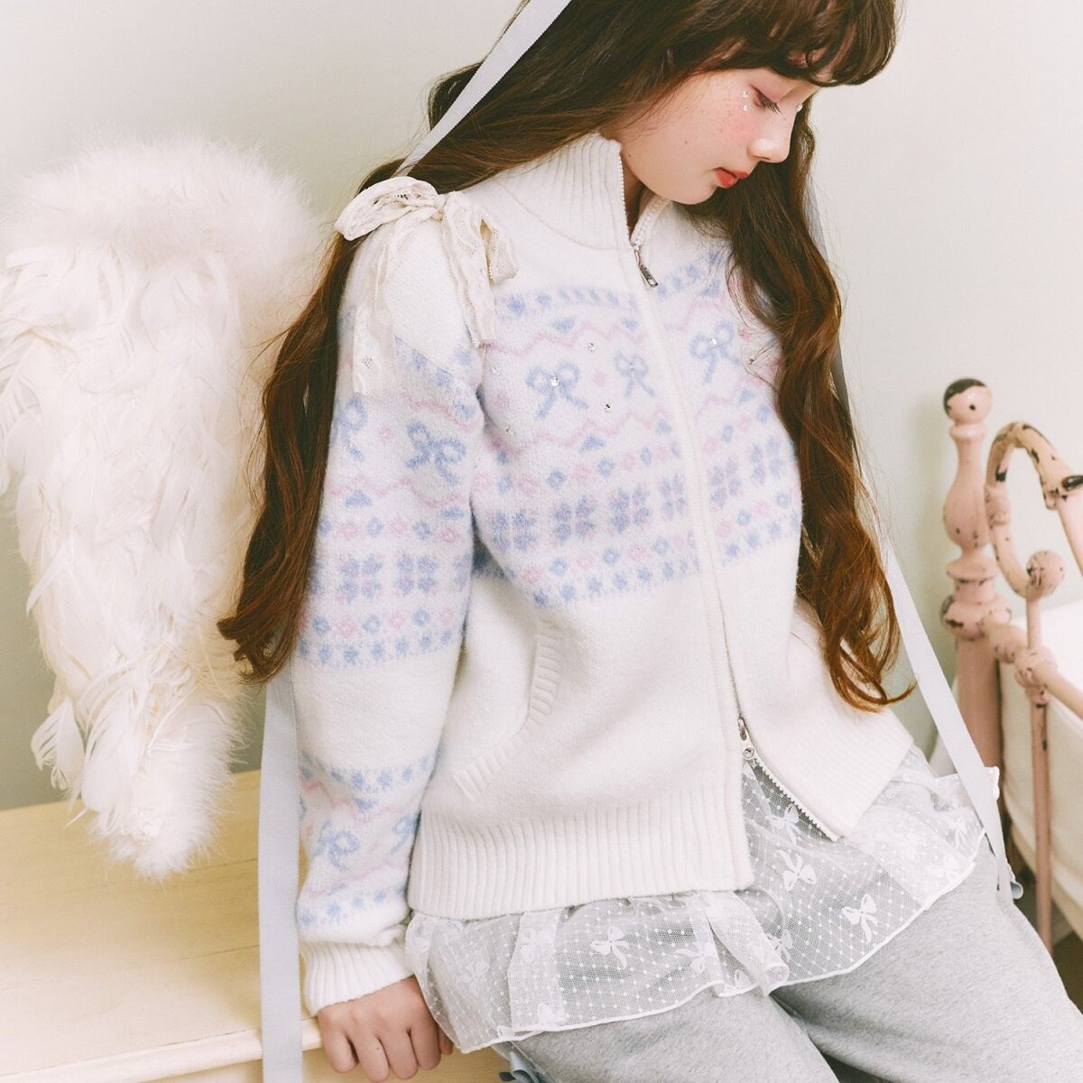 リボン柄ノルディックジップカーディガン | メゾピアノジュニア(mezzo