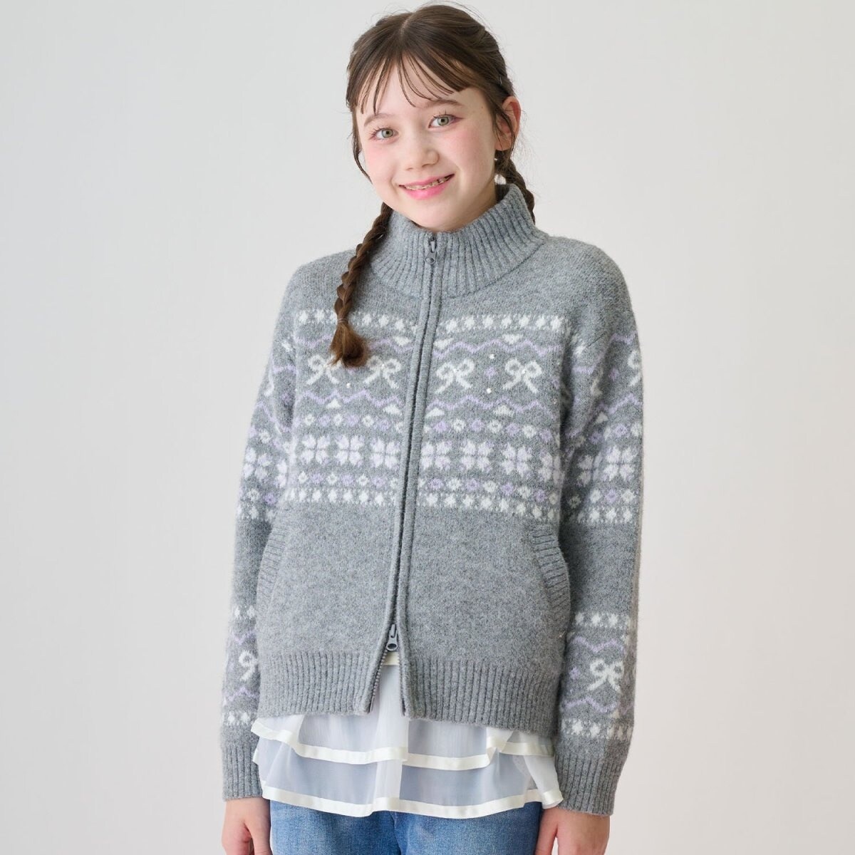 リボン柄ノルディックジップカーディガン | メゾピアノジュニア(mezzo