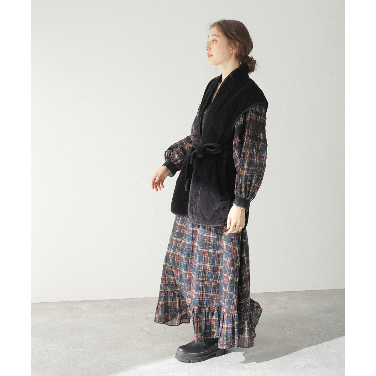 Sara mallika◆VELVET N/S BELT JK/キルティングベスト/--/コットン/GRN/無地/021022SM4 SARA MALLIKA/サラマリカ】 VELVET NS BELT JK:ベスト
