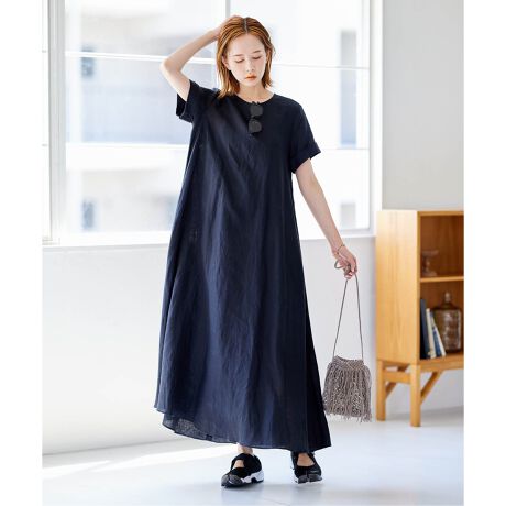 綿麻ブラックワンピース ワンピース ロングワンピース 半袖 レディース  