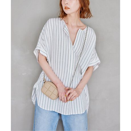 アウトレットEC販売禁止※《追加》レーヨン麻ノーカラーブラウス 