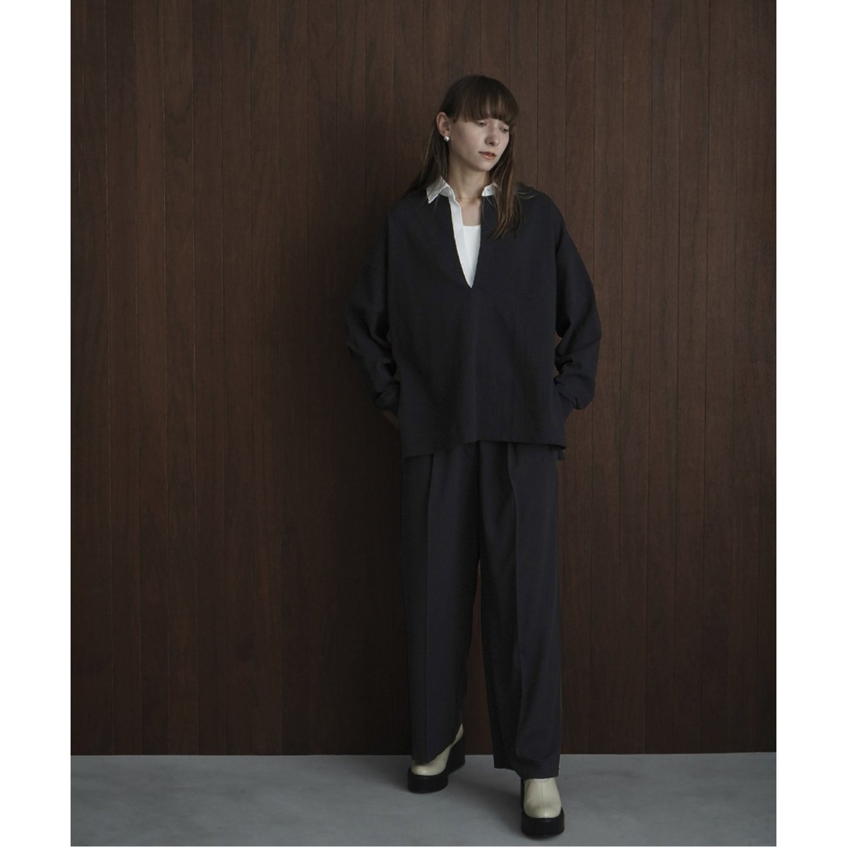 CLANE/クラネ】DEEP NECK WIDE RUGBY SHIRT：ラガーシャツ