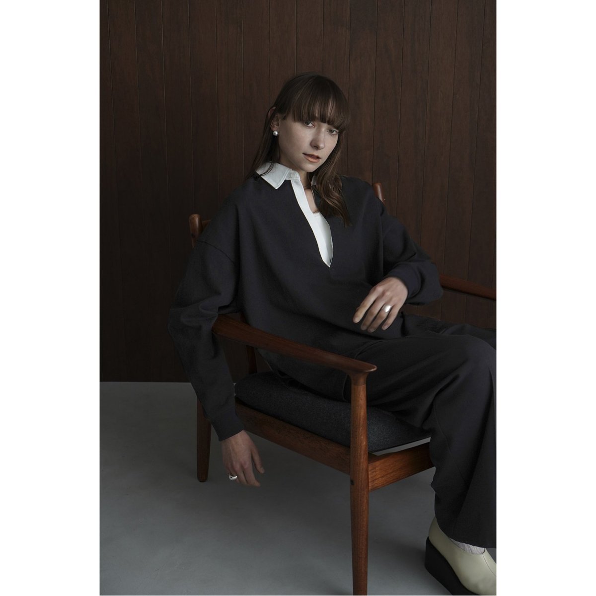CLANE/クラネ】DEEP NECK WIDE RUGBY SHIRT：ラガーシャツ